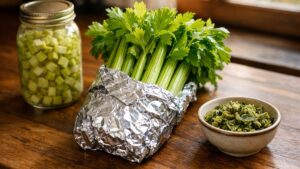 Céleri branche qui ramollit au frigo : la feuille d'aluminium qui le garde croquant jusqu'à 21 jours dans le bac à légumes
