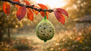 Elle accroche des boules de graisse à son cerisier début octobre : sa voisine, bénévole à la LPO, les décroche une à une