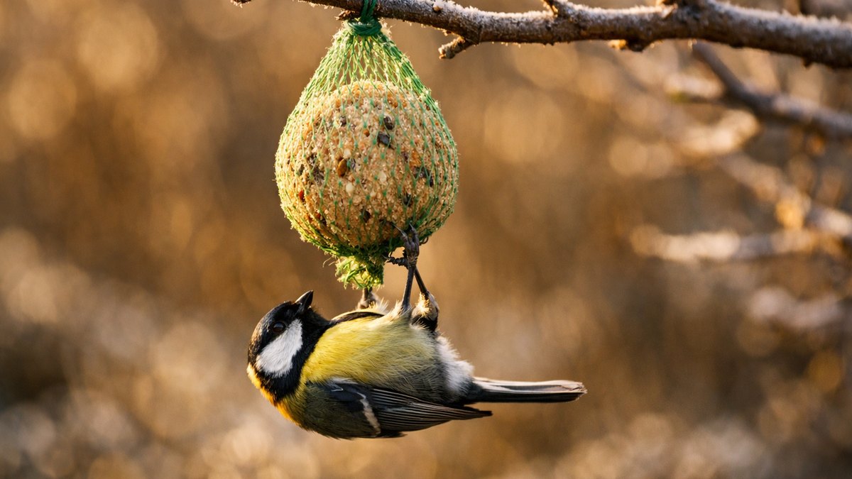 Elle accroche des boules de graisse aux branches de son lilas chaque hiver : un matin de novembre, une mésange pend par la patte dans le filet vert