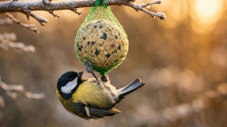 Elle accroche des boules de graisse dans leur filet vert depuis des années : en janvier, une mésange reste pendue par la patte aux mailles