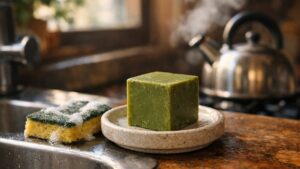Elle achète un cube vert de savon de Marseille pour tout nettoyer : sa voisine savonnière pointe une ligne de l'étiquette au dos