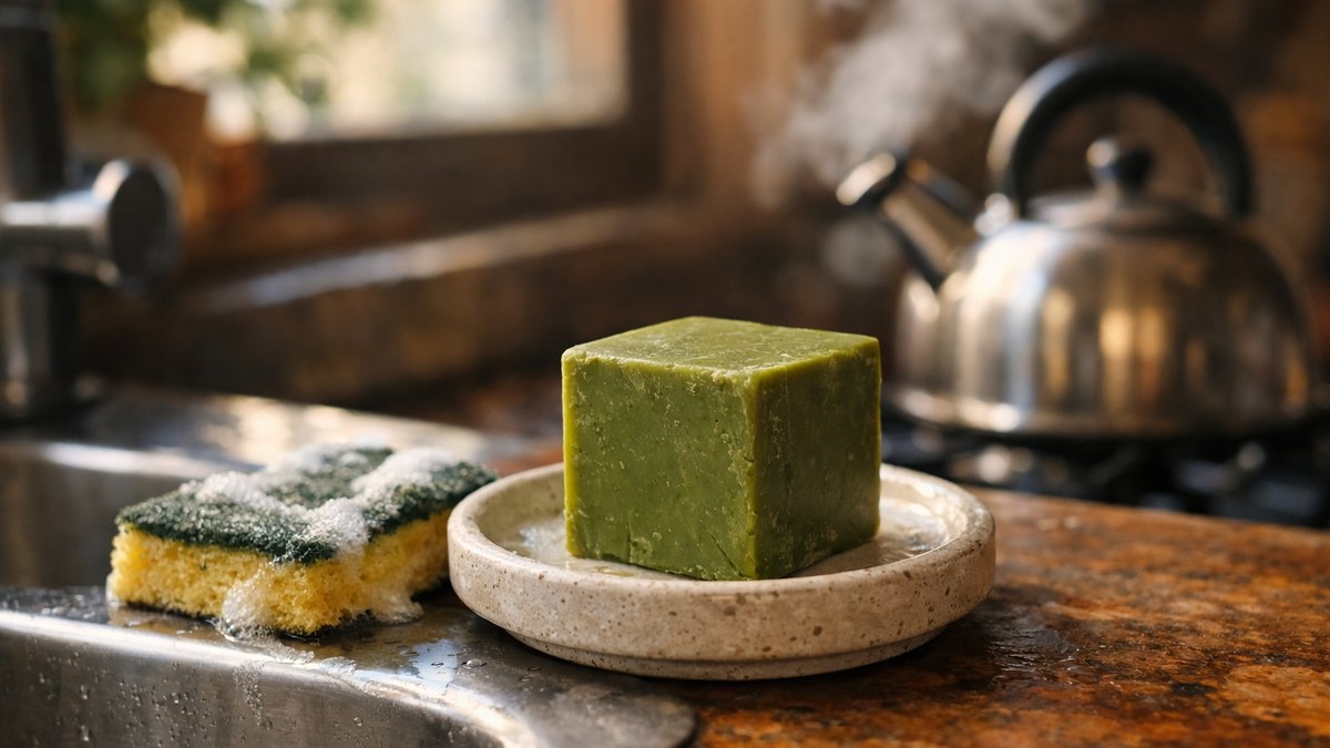 Elle achète un cube vert de savon de Marseille pour tout nettoyer : sa voisine savonnière pointe une ligne de l'étiquette au dos