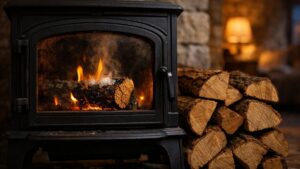 Elle allume son poêle avec le chêne abattu au printemps dernier : la vitre noircit en une soirée et la maison reste à 17 degrés