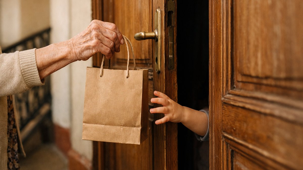 Elle apporte un petit cadeau à son petit-fils à chaque visite à Lyon : un mercredi, il ouvre la porte en demandant « tu m'as apporté quoi »