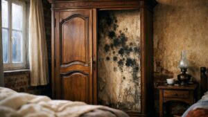 Elle baisse sa chambre à 16 degrés et ferme la porte tout l'hiver : en février, des taches noires derrière l'armoire collée au mur