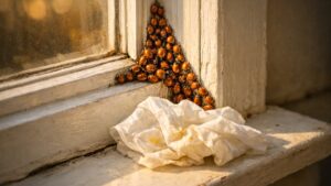 Elle écrase au mouchoir les coccinelles entassées dans l'angle de sa fenêtre : trois jours plus tard, le rebord blanc est couvert de taches jaunes