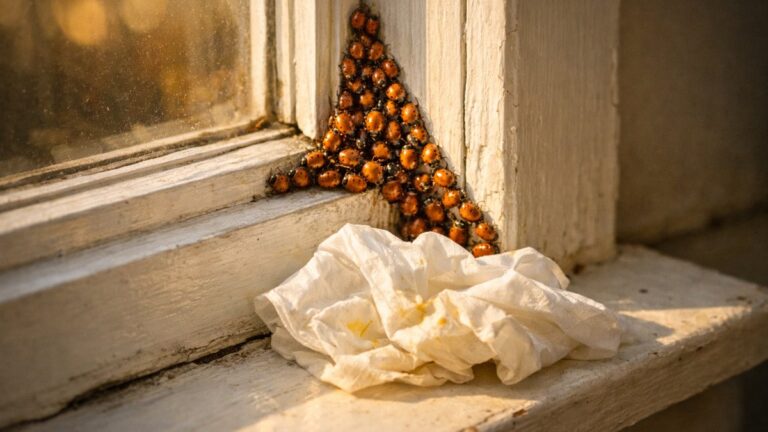 Elle écrase au mouchoir les coccinelles entassées dans l'angle de sa fenêtre : trois jours plus tard, le rebord blanc est couvert de taches jaunes