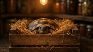 Elle installe sa tortue d'Hermann au cellier pour l'hiver : en février, l'animal a les yeux ouverts, la carapace légère et refuse tout