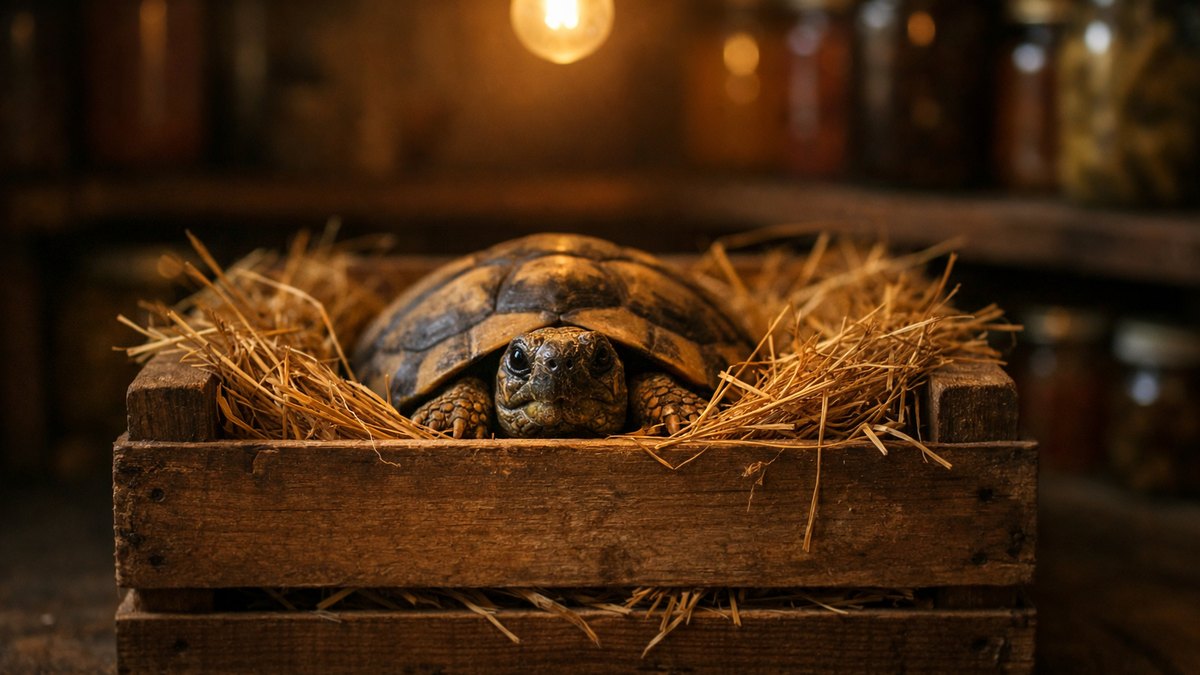 Elle installe sa tortue d'Hermann au cellier pour l'hiver : en février, l'animal a les yeux ouverts, la carapace légère et refuse tout
