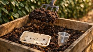 Elle jette ses gobelets compostables dans le bac du jardin près de Montpellier : six mois plus tard, elle les retrouve presque intacts sous les épluchures