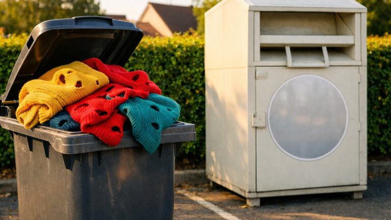 Elle jette ses pulls troués dans la poubelle grise près d'Angers : sa voisine lui montre l'autocollant collé sur la borne textile du parking