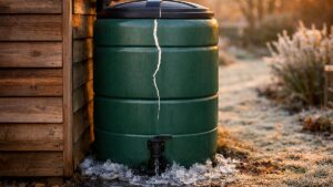 Elle laisse sa cuve d'eau de pluie pleine tout l'hiver près de Besançon : en février, une fissure court du couvercle jusqu'au robinet
