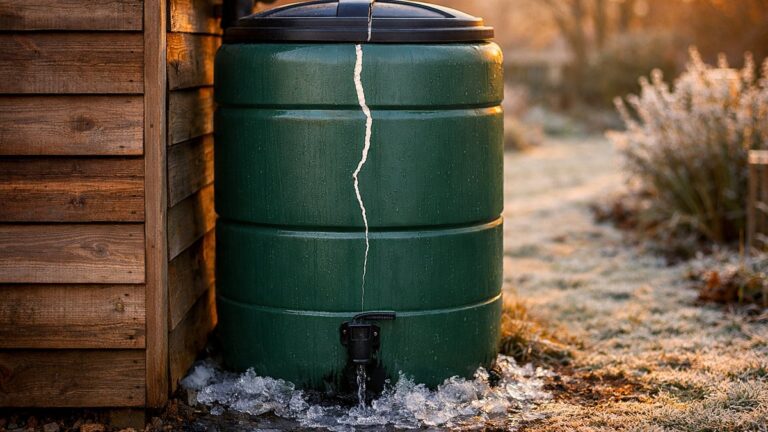 Elle laisse sa cuve d'eau de pluie pleine tout l'hiver près de Besançon : en février, une fissure court du couvercle jusqu'au robinet
