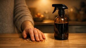 Elle lave son plan de travail au savon noir chaque soir depuis l'été : en octobre, la surface colle et retient la moindre miette