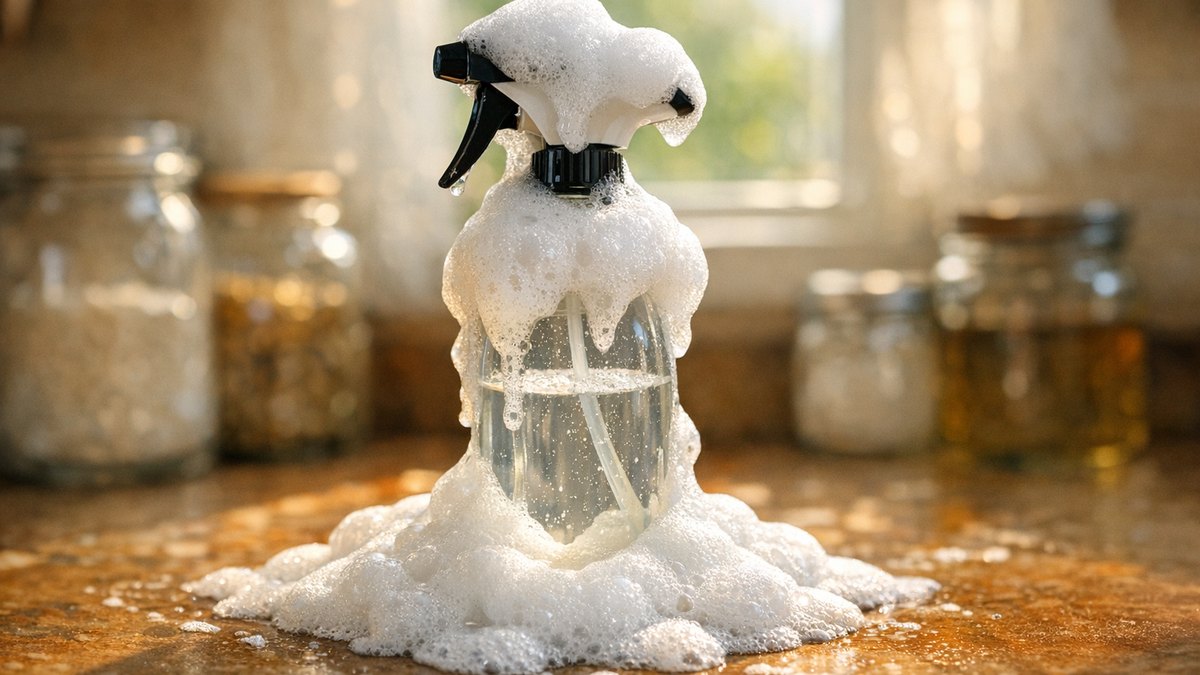 Elle mélange vinaigre blanc et bicarbonate dans un flacon de cuisine : la mousse déborde, mais la graisse de la hotte ne bouge plus