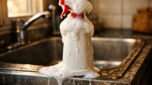 Elle mélange vinaigre blanc et bicarbonate dans un flacon pour doubler la force : l'évier reste entartré malgré la mousse qui déborde chaque matin