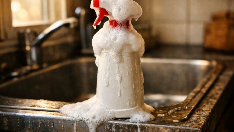 Elle mélange vinaigre blanc et bicarbonate dans un flacon pour doubler la force : l'évier reste entartré malgré la mousse qui déborde chaque matin