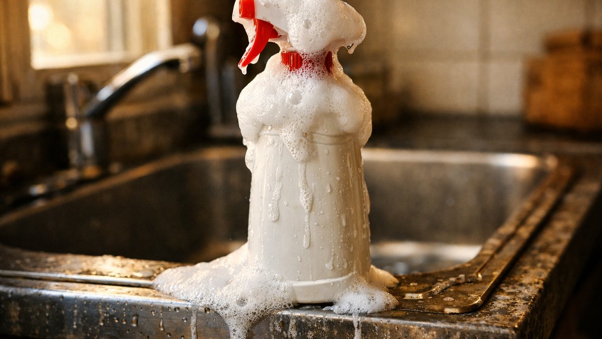 Elle mélange vinaigre blanc et bicarbonate dans un flacon pour doubler la force : l'évier reste entartré malgré la mousse qui déborde chaque matin