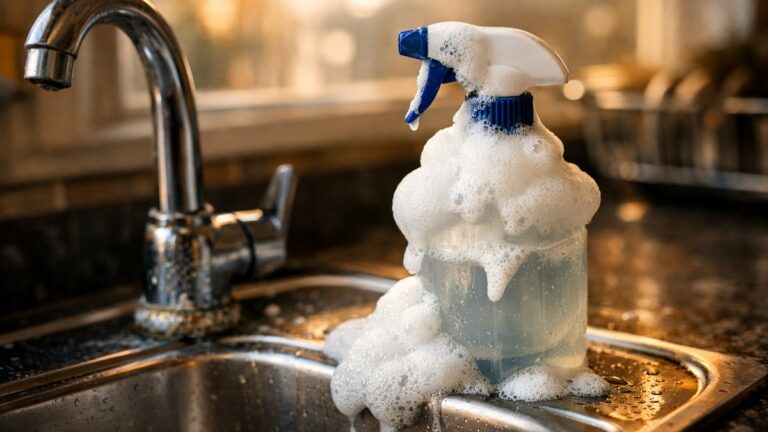 Elle mélange vinaigre blanc et bicarbonate dans un flacon pour son évier : la mousse déborde, mais le calcaire du robinet reste exactement en place