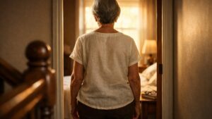 Elle monte chercher ses lunettes dans la chambre du premier étage : sur le seuil de la porte, plus aucun souvenir de la raison