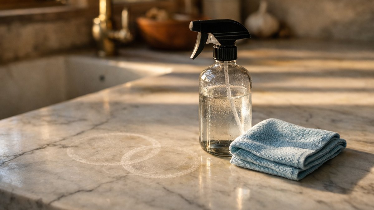 Elle nettoie chaque matin son plan en marbre au vinaigre blanc : un mois plus tard, des auréoles mates apparaissent là où elle frotte le plus