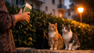 Elle nourrit trois chats errants chaque soir derrière son immeuble : un voisin agacé lui lance que la mairie doit s'en charger