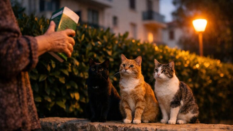 Elle nourrit trois chats errants chaque soir derrière son immeuble : un voisin agacé lui lance que la mairie doit s'en charger