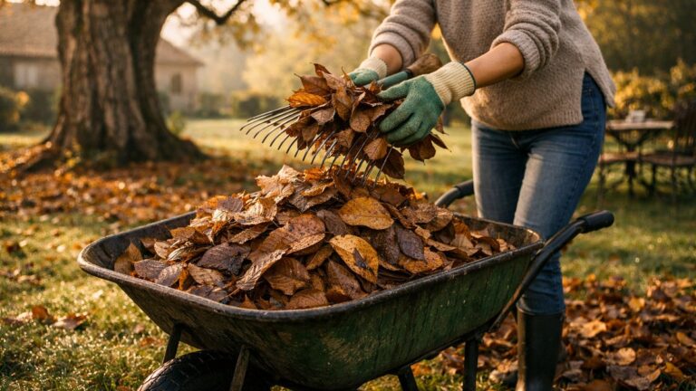 Elle paille ses massifs avec les feuilles de son grand noyer : au printemps, ses vivaces restent naines et aucun semis ne lève