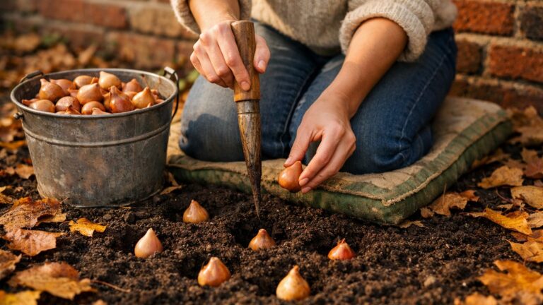 Elle plante cinquante bulbes de tulipes un dimanche d'octobre près de Lille : en mars, la plate-bande n'offre que des petits trous ronds