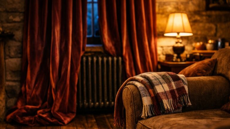 Elle pose de longs rideaux épais dans son salon près de Besançon : le radiateur chauffe au maximum et la pièce reste à 17 degrés