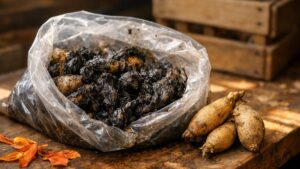 Elle range ses bulbes de dahlias au garage près de Besançon : en mars, les sacs plastique ne contiennent plus qu'une pâte noire
