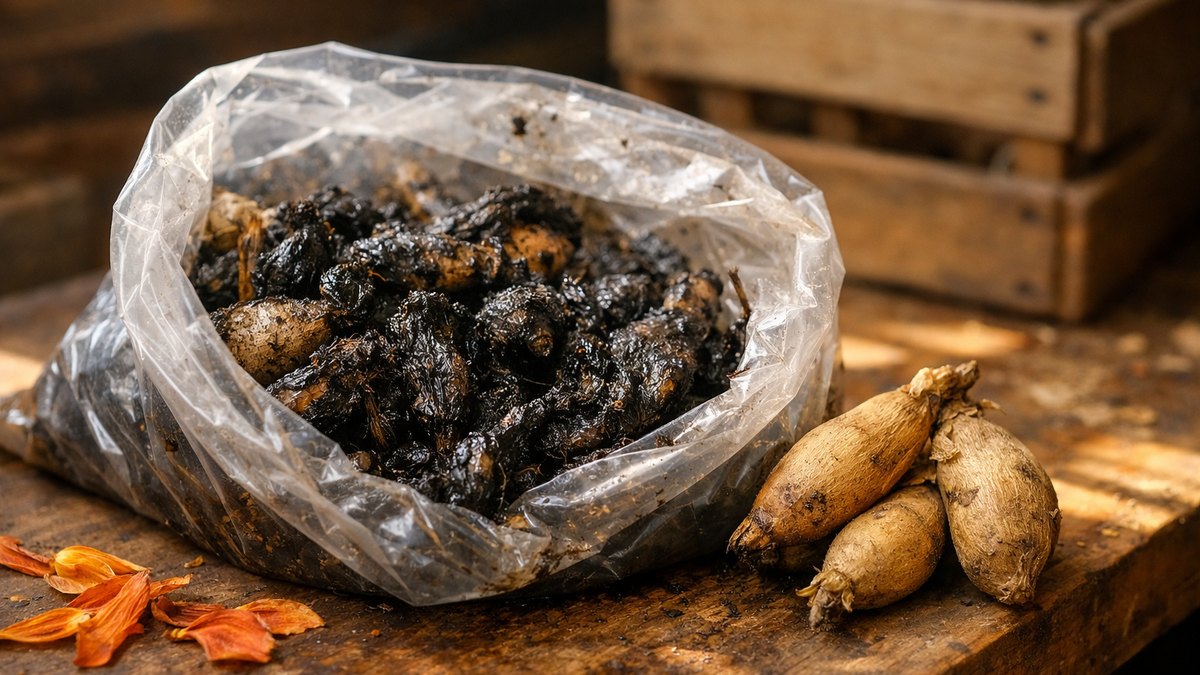 Elle range ses bulbes de dahlias au garage près de Besançon : en mars, les sacs plastique ne contiennent plus qu'une pâte noire