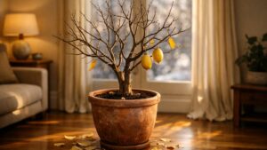 Elle rentre son citronnier au chaud dans le salon à la mi-octobre : début décembre, l'arbre de vingt ans a perdu presque toutes ses feuilles
