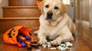 Elle retrouve le sac d'Halloween éventré au pied de l'escalier : son chien a laissé le chocolat et n'a mâché que les chewing-gums sans sucre