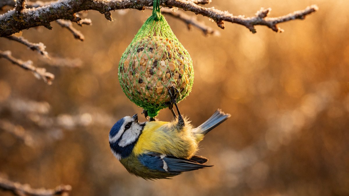 Elle suspend des boules de graisse dès octobre pour les mésanges du jardin : en décembre, l'une d'elles pend par la patte dans le filet vert