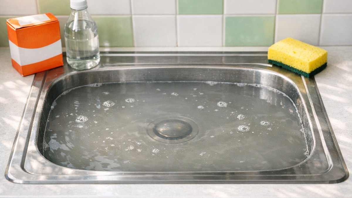 Elle verse du bicarbonate et du vinaigre dans son évier bouché : le lendemain matin, l'eau grise stagne toujours au même niveau