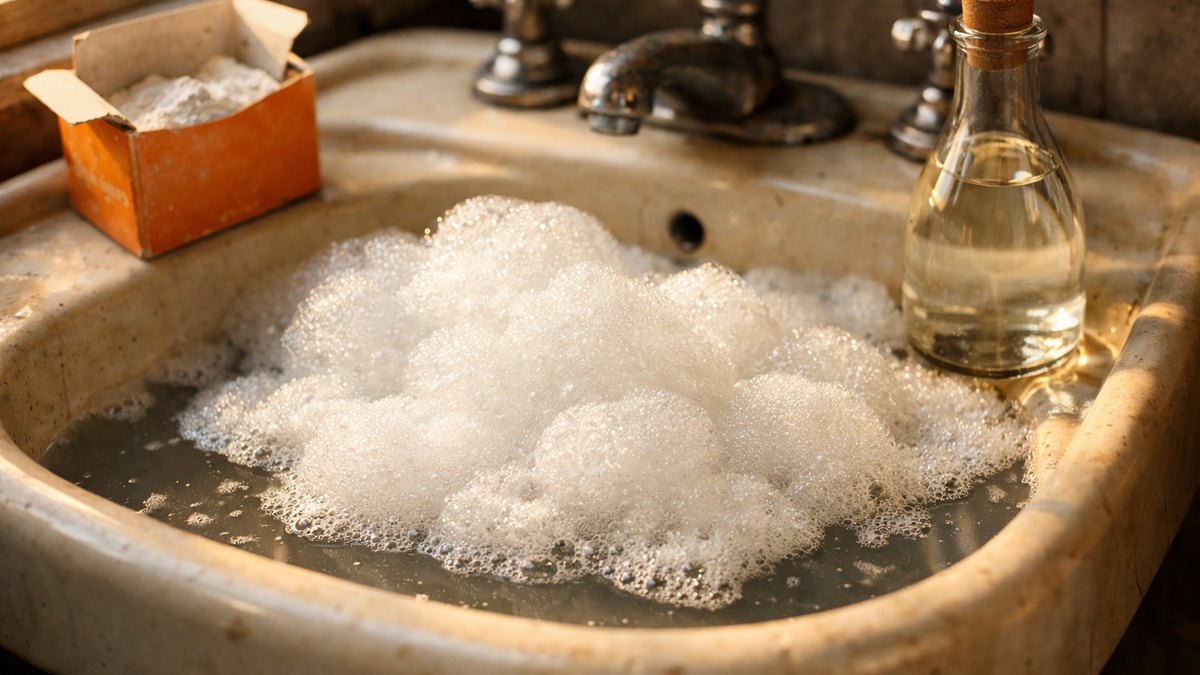 Elle verse du bicarbonate et du vinaigre dans son lavabo bouché près de Nantes : la mousse monte une minute, puis l'eau stagne toujours