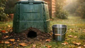 Elle verse tous ses restes de repas dans son composteur depuis avril : en octobre, des galeries s'ouvrent sous le bac du jardin