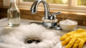Elle verse vinaigre et bicarbonate dans son évier chaque samedi matin : la mousse déborde, la tache de calcaire reste exactement à sa place