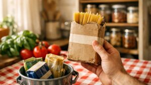 Elle vide son placard près de Caen et jette trois paquets de pâtes : sa voisine ressort le dernier et lit la mention imprimée sur le carton