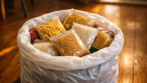 Elle vide son placard un dimanche d'octobre et remplit un sac poubelle : sa voisine sort six paquets et lit la mention à voix haute