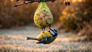 Il accroche des boules de graisse pour les mésanges dès octobre : en novembre, il découvre un oiseau pendu par la patte au filet vert