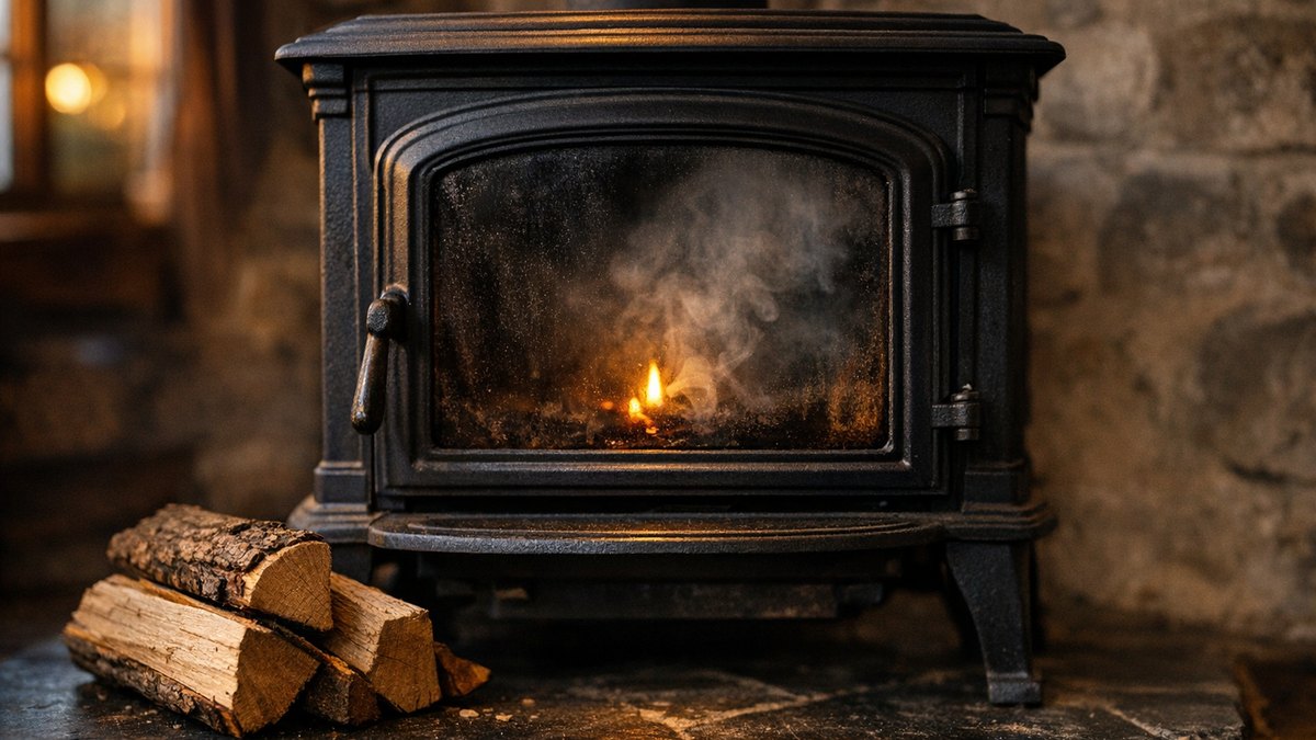 Il allume son poêle avec les bûches livrées en septembre : une heure plus tard, la vitre est noire et le salon sent la fumée
