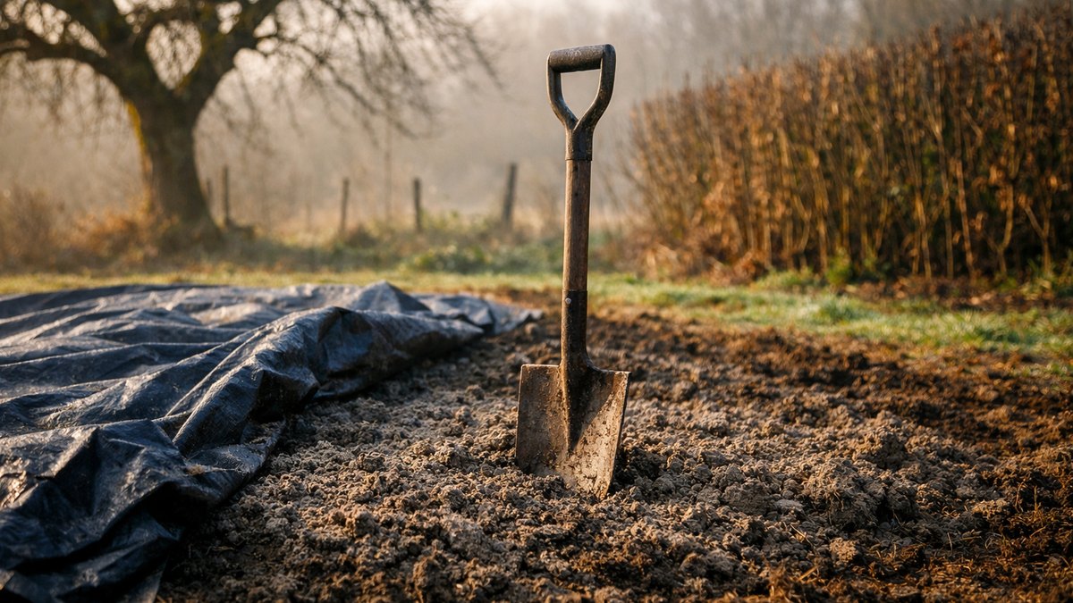 Il bâche son potager près de Laval fin octobre pour l'abriter : en mars, la terre dessous est froide et ne contient plus un ver