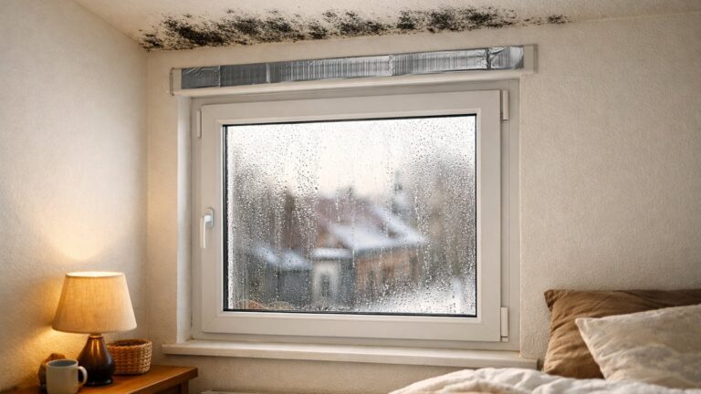 Il bouche au ruban adhésif les grilles de ses fenêtres neuves près de Lille : en décembre, des taches noires couvrent le plafond de la chambre