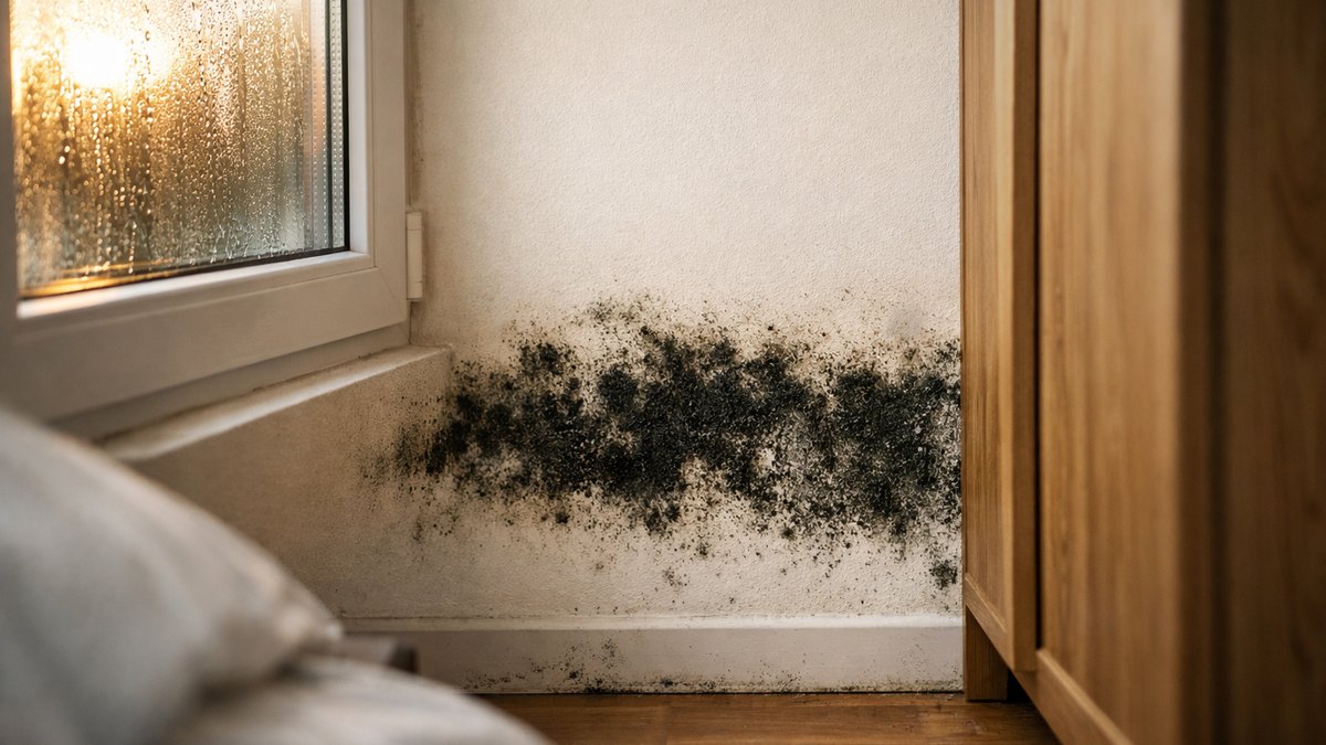 Il change ses vieilles fenêtres pour du double vitrage au printemps : en novembre, des taches noires couvrent le mur derrière l'armoire de la chambre
