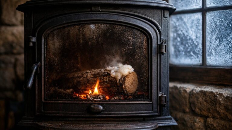 Il fait livrer cinq stères de chêne près d'Épinal en octobre : en décembre, la vitre du poêle noircit et le salon plafonne à 18 degrés