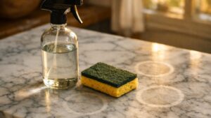 Il frotte au vinaigre blanc le marbre hérité de ses parents : le lendemain matin, des auréoles mates restent gravées dans la pierre