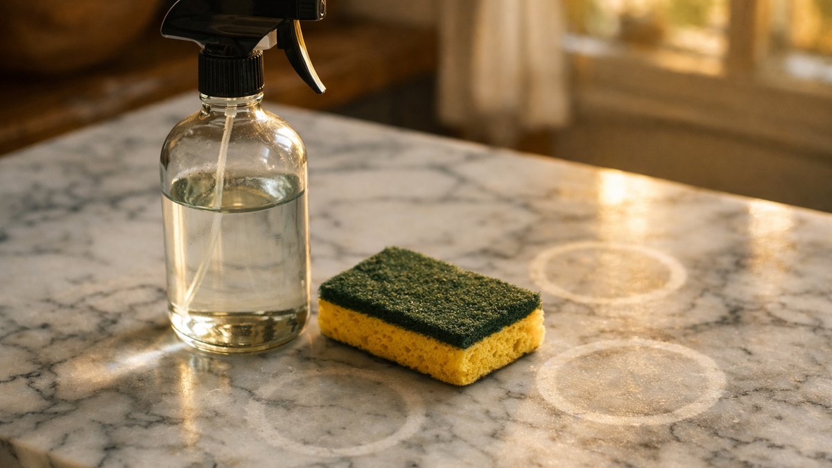 Il frotte au vinaigre blanc le marbre hérité de ses parents : le lendemain matin, des auréoles mates restent gravées dans la pierre