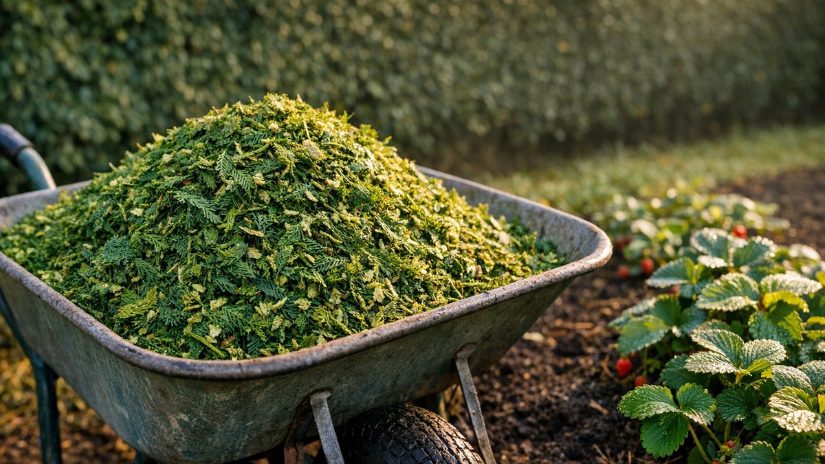 Il griffe le broyat frais de sa haie de thuyas entre ses fraisiers : au printemps, les feuilles jaunissent et les fruits restent minuscules